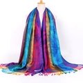 Ethnic jacquard scarf with colorful peacock feather patterns and fringe trim - Sapphire Blue