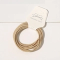 Close-up of high-elasticity slim champagne gold hair ties set on a white card display - Khaki