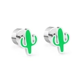 Polished stainless steel cactus stud earrings with vibrant green enamel finish - Cactus