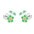 Cute stainless steel flower stud earrings with green enamel petals and smiling orange center - Smiling Flower