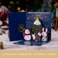 Set biglietto di Natale 3D pop-up con pupazzo di neve, busta blu e adesivo coordinato - Stile C - Set di biglietti per la festa di Natale