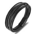 Pulsera multicapa de cuero trenzado negro para hombre con cierre magnético sólido - Hebilla Negra Cuero Negro-19cm