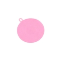 Spazzola piatti in silicone rosa con setole fitte e gancio di sospensione su sfondo bianco - 9cm / Rosa