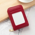 Minimalist red leather card holder with litchi texture and gold zipper closure - Wine Red