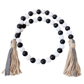 Decorative black and white wooden bead garland with rustic twine and plaid ribbon tassels - Style 1 / Black & White