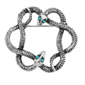 Spilla doppia vipera retrò in argento con occhi di pietra preziosa blu - Doppio Serpente Circolare / Argento Antico