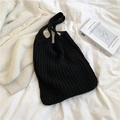Minimalist black knitted tote bag for women, large capacity woven shoulder handbag style - Black