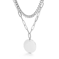 Silver double-layered stainless steel necklace with a round coin pendant and cable chain - Silver (Steel)