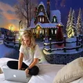 Tapiz navideño con una acogedora cabaña nevada y fondo de puesta de sol cálida - 90x60cm / Estilo 9