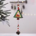 Luminous wooden Christmas tree pendant with Santa pattern, pine cone, and beads - Christmas Tree Santa