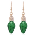 Detailed view of green glitter bulb earrings with gold hooks for Christmas fashion - Blue Dinosaur
