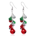 Festive Christmas bell drop earrings with red and green metallic bells on silver hooks - Long Bell Dangle