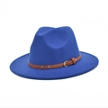 Close-up of royal blue wool fedora with brown faux leather belt and gold metal studs - M (56-58cm) / Sapphire Blue