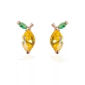 Lemon-shaped zircon stud earrings with yellow and green stones on rose gold base - Lemon