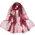 Lightweight deep red georgette silk scarf with large rose floral patterns for beach sunshade - 160*50CM / QQ001-1# Flower-Red