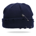 Distressed navy blue knit beanie with silver safety pin and metal ring accents - One Size / Navy Blue