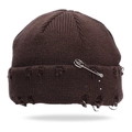 Distressed dark brown beanie with silver safety pin and metal rings in punk style - One Size / Coffee