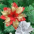 Three-layer artificial Christmas flowers with red and gold glitter on green pine branches - Red