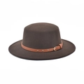 Dark brown wool felt flat top boater hat with studded leather belt buckle accent - M (56-58cm) / Coffee
