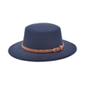 Detail view of navy blue flat top wool fedora with brown leather belt and gold studs - M (56-58cm) / Navy Blue