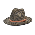 Detail of zebra pattern wool fedora with brown leather strap and gold rivet accents - M(56-58cm) / Army Green
