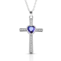 Cross pendant necklace with heart-shaped blue gemstone and sparkling silver finish - September Sapphire Cross Birthstone Necklace