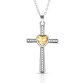 Cross necklace featuring a yellow heart-shaped birthstone and silver finish - November Topaz Cross Birthstone Necklace