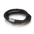 Herren Armband zweifach gewickelt aus schwarzem Leder mit Goldakzenten und Silberverschluss - Schwarzes Leder Goldfaden Silberschließe Stil (KB110467-JR)