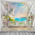 Window view tapestry with castle and sea landscape for wall decoration and room aesthetic - 150x130cm / Castle Sea Window View