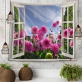 Dettaglio di un arazzo 3D vista finestra con fiori di dalia rosa e cielo azzurro - 150x130cm / Fiori Rosa