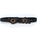 Women's black elastic waist belt featuring handmade beaded floral design and crystals - Black