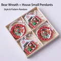 Christmas wooden star pendant set featuring bear and snow cabin motifs in a gift box - Bear Wreath and House Ornaments