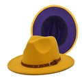 Cappello fedora in lana giallo zenzero con fascia in pelle e interno bicolore viola - Giallo Zenzero e Viola