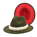 Olive green wool fedora with pearl band and red brim contrast detail - M (56-58cm) / Army Green (Red Lining)