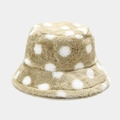 Detailed view of the thick plush texture and white polka dot pattern on the bucket hat - Fruit Green / M (56-58cm)