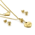 Golden double-layer heart necklace with 'Love' engraving and matching ball stud earrings - Gold (KS135763-Z)