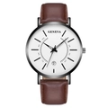 Geneva men's quartz watch with brown leather strap and silver case on white background - White Dial Black Case Brown Leather Strap