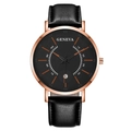 Men's Geneva quartz watch with black leather strap and rose gold date display case - Orange Hands Black Dial Rose Gold Case Black Strap