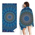 Blue mandala double-sided microfiber beach towel with ethnic geometric floral pattern - Blue Mandala (Single-sided Print with PE Bag)