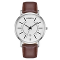 Fashionable brown leather quartz watch with silver polished case and date calendar window - White Dial Silver Case Brown Leather Strap