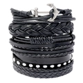 Handmade multilayer black leather bracelet set with silver anchor clasp on white background - 6-Piece Set