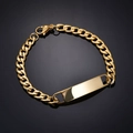 Polished gold curb chain bracelet with curved engravable rectangular bar on black surface - 1:1 NK Chain / Gold