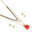 Double-layer gold necklace set with red pendant, brown beads, and pearl earrings - Dark Red Round Style (KS136433-Z)