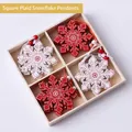3D wooden snowflake ornaments in red and white tones, stored in a natural wooden box - Plaid Snowflake Piece Ornaments
