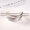 Close-up of elegant silver feather metal hair pin with detailed texture on white tray - Feather / Silver