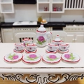 Miniature 1:12 dollhouse ceramic tea set with pink floral patterns in a kitchen scene - Pink Edge Floral Style / Hibiscus Pattern