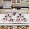 Set da tè in ceramica in miniatura per casa delle bambole con rose rosa 15 pz - Grappolo di Fiori - Oro