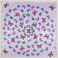 Lavender satin square scarf with colorful butterfly patterns laid flat on a white background - 60x60cm / Light Purple