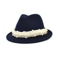 Detail of the elegant white pearl strand decoration on the navy blue wool fedora hat - M (56-58cm) / Navy Blue
