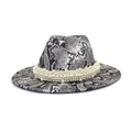 Macro detail of snakeskin fedora hat with elegant rows of staggered pearl band decoration - M (56-58cm) / White Snakeskin